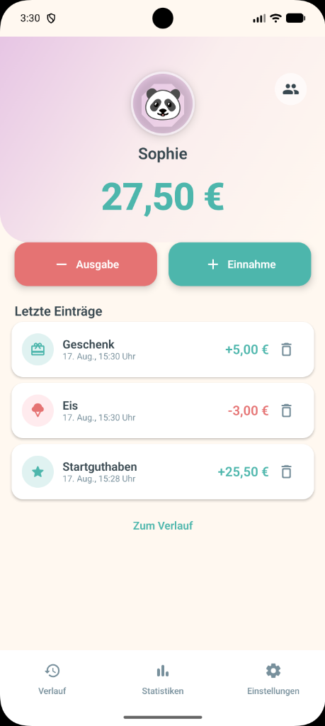 MyJuniorPocket App: Dashboard von Sophie mit Kontostand 27,50 Euro und Transaktionsliste