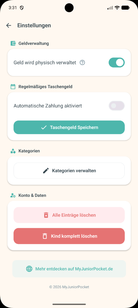 Einstellungen mit automatischem Taschengeld und Kategorien